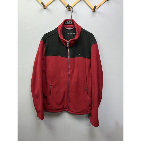 Tommy Hilfiger‎ red black fleece jacket men medium full zip up teddy Bear Jacket - Picture 1 of 6